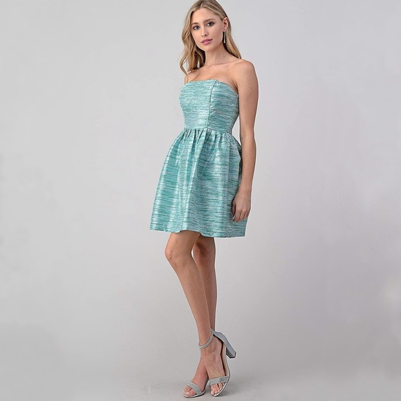 NWT Minuet Blue Teal Sparkle Tinsel Fit & Flare Strapless Mini Dress - Picture 6 of 16